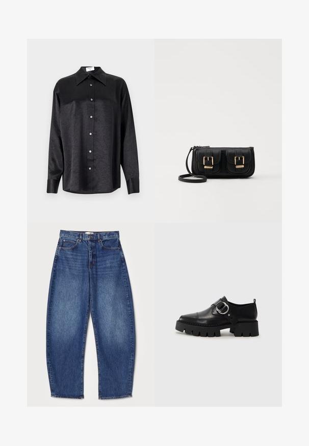 Juodas ilgarankovis marškinis su apykakle, turintis plėšyta tekstūra, visiško mygtukų uždarymo priekyje ir rankogaliais. Pagamintas iš lygaus audinio.; Džinsai su laisvu siluetu, vidutinio aukščio liemeniu, tamsiai mėlynos spalvos, išblukusiu tekstūru, penkių kišenių dizainu ir tiesia kojų išpjova.; Juodos odinės bateliai su masyviu, grioveliuotu padu, su apvaliu sidabro detalės akcentu ir minimaliais siuvimo elementais.; Juodas odinis per petį nešiojamas krepšys su dviem priekiniais kišenėmis, auksiniais sagtimis, užtrauktuko uždarymu ir siauromis petnešomis. Textūruota paviršius ir kompaktiškas stačiakampis formatas.