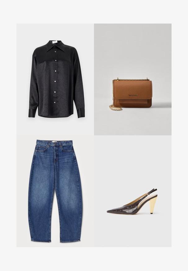 Camisa negra de manga larga con cuello, que presenta una textura arrugada, botón frontal completo y puños. Fabricada en un tejido suave.; Jeans de denim con un corte holgado, cintura de altura media, color azul profundo, textura desgastada, diseño de cinco bolsillos y pernera recta.; Zapatos de tacón tipo slingback de punta afilada en imitación de cocodrilo brillante de color marrón oscuro. Presenta un tacón geométrico en tono dorado y una correa ajustable en el tobillo.; Bolso crossbody de cuero texturizado marrón con correa de cadena dorada y cierre de solapa. La parte frontal presenta un detalle de logo y un bolsillo debajo de la solapa.