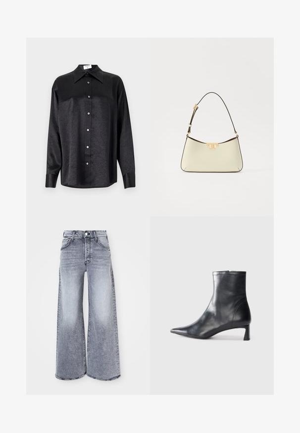 Juodas ilgarankovis marškinis su apykakle, turintis plėšyta tekstūra, visiško mygtukų uždarymo priekyje ir rankogaliais. Pagamintas iš lygaus audinio.; Šviesiai pilkos, plačios džinsinės kelnės, pagamintos iš denimo, su aukštu liemeniu, mygtuko uždarymu ir subtiliu išblukimu, su žaliuoju apvadu ant kojų.; Juodas odinis kulkšninis batas su smailiu pirštu ir elegantišku dizainu. Turi žemą kulną ir užtrauktuką gale. Lygi tekstūra.; Kremos spalvos odinė rankinė su kreiva forma. Savybė - auksinės spalvos logotipo akcentas ir plona, reguliuojama tamsi dirželis.