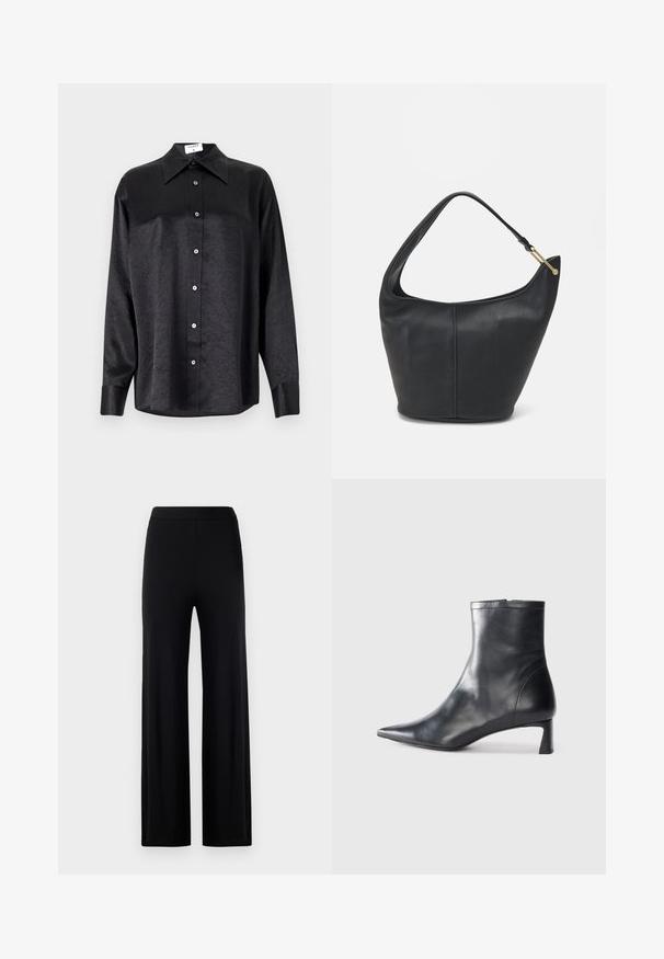 Schwarzes Langarmhemd mit kragenförmigem Halsausschnitt, mit einem zerknitterten Textur, voller Knopfleiste und Manschetten. Hergestellt aus einem glatten Stoff.; Schwarze, weit geschnittene Hose aus einem glatten, dehnbaren Stoff. Mit einem elastischen Bund und ohne sichtbare Verschlüsse oder Taschen.; Schwarze Lederstiefelette mit spitzer Zehe und schlankem Design. Verfügt über einen niedrigen Absatz und einen Reißverschluss hinten. Glatte Textur.; Schwarze Lederhandtasche mit abgerundeter Form, breitem Tragegurt und strukturiertem Finish. Besitzt eine subtile Nahtdetails und einen Akzent aus goldfarbenem Metall.