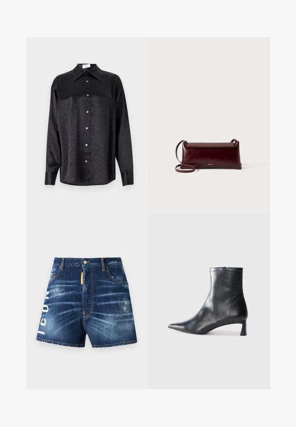 Chemise noire à manches longues avec un col, présentant une texture froissée, une fermeture à boutons sur le devant et des poignets. Fabriquée en tissu lisse.; Shorts en denim bleu foncé avec une finition déchirée, arborant le texte blanc "ICON" sur la jambe gauche et une étiquette en tissu orange près de la taille.; Bottine en cuir noir avec un bout pointu et un design épuré. Présente un petit talon et une fermeture éclair à l'arrière. Texture lisse.; Sac à bandoulière en cuir bordeaux avec une texture lisse, de forme rectangulaire, fermeture à rabat et une fine sangle réglable. Détail du logo doré visible.