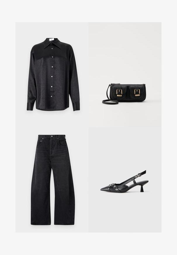 Camisa negra de manga larga con cuello, que presenta una textura arrugada, botón frontal completo y puños. Fabricada en un tejido suave.; Citizens of Humanity HORSESHOE - Vaqueros boyfriend - black; Zapato de slingback negro de piel con punta afilada, correas decorativas con ojales de metal y un tacón bajo y ancho. Superficie texturizada.; Bolso cruzado de cuero negro con dos bolsillos frontales, hebillas doradas, cierre de cremallera y una correa delgada. Superficie texturizada y forma rectangular compacta.