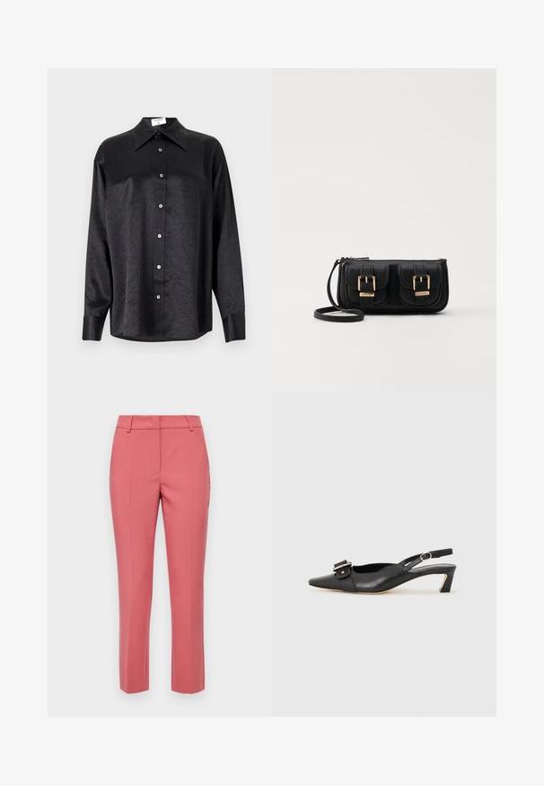 Sort langærmet skjorte med krave, der har en krøllet tekstur, fuld knaplukning foran og manchetter. Lavet af et glat stof.; Skræddersyede lyserøde bukser med slim fit, der har sidelommer, en glat tekstur og et lige ben-design.; Sorte læder slingback sko med spidse tæer, lille hæl og dekorativ spænde detalje på overdelen. Glat tekstur, minimalistisk design.; Sort læder crossbody taske med to frontlommer, guldspænder, lynlåslukning og en slank rem. Struktureret overflade og kompakt rektangulær form.