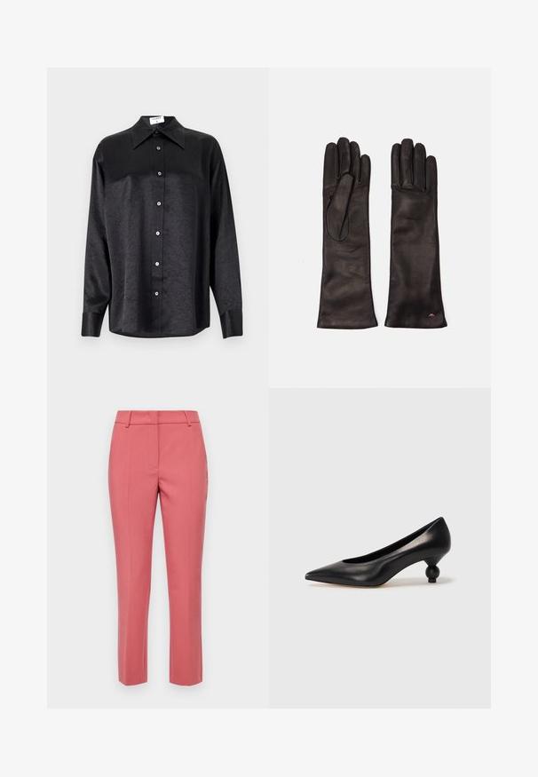 Chemise noire à manches longues avec un col, présentant une texture froissée, une fermeture à boutons sur le devant et des poignets. Fabriquée en tissu lisse.; Pantalons roses ajustés avec une coupe slim, dotés de poches latérales, d'une texture lisse et d'une conception à jambe droite.; Chaussure à talon haut en cuir noir avec un bout pointu et un talon arrondi. Texture lisse avec un design épuré et minimal.; Weekend Max Mara SENAPE - Gants - nero
