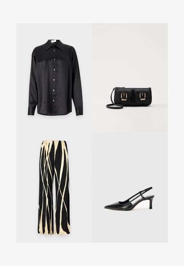 Čierna košeľa s dlhým rukávom a golierom, s pokrčenou textúrou, plne gombíkovou prednou časťou a manžetami. Vyrobená z hladkého materiálu.; Široké nohavice s elastickým pásom, s čiernym pozadím a krémovým abstraktným pruhovaným vzorom. Hladká textúra látky.; Čierne patentové slingback topánky na ihlovom podpätku s špicatou špičkou, s textúrovaným hadím vzorom, nastaviteľným popruhom a krátkym, textúrovaným blokovým podpätkom.; Čierna kožená crossbody taška s dvoma prednými vreckami, zlatými sponami, zipsovým uzatváraním a úzkym popruhom. Štruktúrovaný povrch a kompaktný obdĺžnikový tvar.