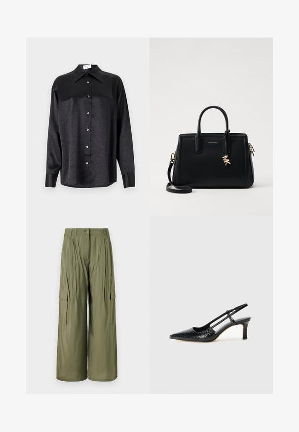 Črna srajca z dolgimi rokavi in ovratnikom, ki ima gubasto teksturo, celotno zapenjanje na gumb in manšete. Izdelana iz gladkega materiala.; Olivno zeleni široki cargo hlače z nabori spredaj, stranskimi žepi in gumbi. Gladek videz, lahka tkanina.; Črne lakaste slingback pete s koničastim nosom, ki imajo teksturiran vzorec kačje kože, nastavljiv trak in kratek teksturiran blok peto.; Črna usnjena torbica s strukturirano zasnovo, dvema zgornjima ročajema, odstranjevanim naramnim trakom, zlatim okovjem in dodatkom z logotipom.