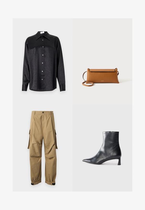 Chemise noire à manches longues avec un col, présentant une texture froissée, une fermeture à boutons sur le devant et des poignets. Fabriquée en tissu lisse.; Pantalons cargo kaki en tissu léger, avec des poches cargo latérales, une fermeture à bouton et des poignets élastiques aux chevilles.; Bottine en cuir noir avec un bout pointu et un design épuré. Présente un petit talon et une fermeture éclair à l'arrière. Texture lisse.; Sac à main en cuir brun, de forme rectangulaire, surface texturée, bandoulière amovible, fermeture éclair, logo subtil estampé à l'avant.