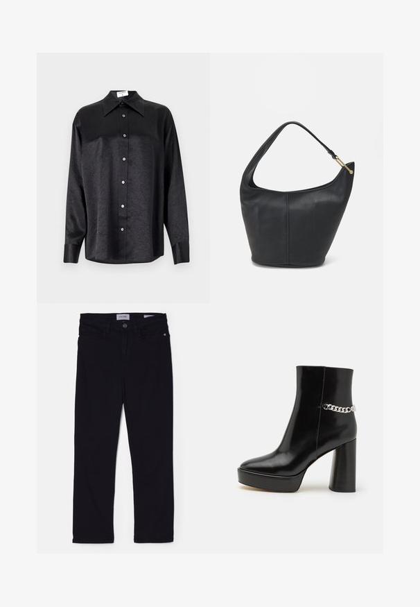 Črna srajca z dolgimi rokavi in ovratnikom, ki ima gubasto teksturo, celotno zapenjanje na gumb in manšete. Izdelana iz gladkega materiala.; Črne jeans hlače ožjega kroja, z zapiranjem na gumb spredaj, z obročki za pas in sprednjimi žepi. Mehak material z gladko teksturo.; Črne lakirane gležnjarje z debelo platformo in visokim blok peto. Imajo srebrno verigo kot okras ob strani. Gladka tekstura.; Črna usnjena torbica ovalne oblike, s širokim pasom in teksturirano površino. Ima subtilno šivano podrobnost in zlate dodatke.