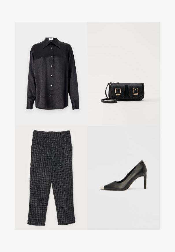 Zwarte blouse met lange mouwen en een kraag, voorzien van een gekreukt oppervlak, volwaardige knopen aan de voorkant en manchetten. Gemaakt van een gladde stof.; Zwarte stoffen broek met een houndstooth-patroon, rechte pijpen, elastische tailleband en twee zijzakken.; Zwarte leren hoge hak met een spits toelopende neus en een metalen zilverkleurige kap. Heeft een gladde afwerking en een slanke hak van 10 cm.; Zwarte leren schoudertas met twee vo pockets, gouden gespen, ritsluiting en een smalle band. Tekstuur oppervlak en compacte rechthoekige vorm.