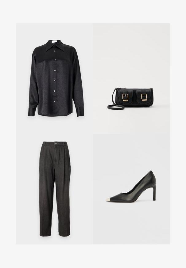 Black long-sleeve shirt with a collared neckline, featuring a crinkled texture, full button front, and cuffs. Made from a smooth fabric.; Dark grey denim trousers with a high waist, pleats at the front, straight legs, and a single button closure at the waistband.; Black leather high heel shoe with a pointed toe and a metallic silver cap. Features a smooth finish and a slender 10 cm heel.; Black leather crossbody bag with two front pockets, gold buckles, zipper closure, and a slim strap. Textured surface and compact rectangular shape.
