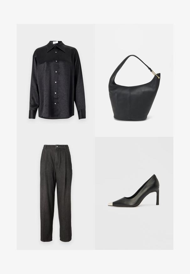 Black long-sleeve shirt with a collared neckline, featuring a crinkled texture, full button front, and cuffs. Made from a smooth fabric.; Dark grey denim trousers with a high waist, pleats at the front, straight legs, and a single button closure at the waistband.; Black leather high heel shoe with a pointed toe and a metallic silver cap. Features a smooth finish and a slender 10 cm heel.; Black leather handbag with a rounded shape, a wide strap, and a textured finish. Features a subtle seam detail and a gold-tone hardware accent.