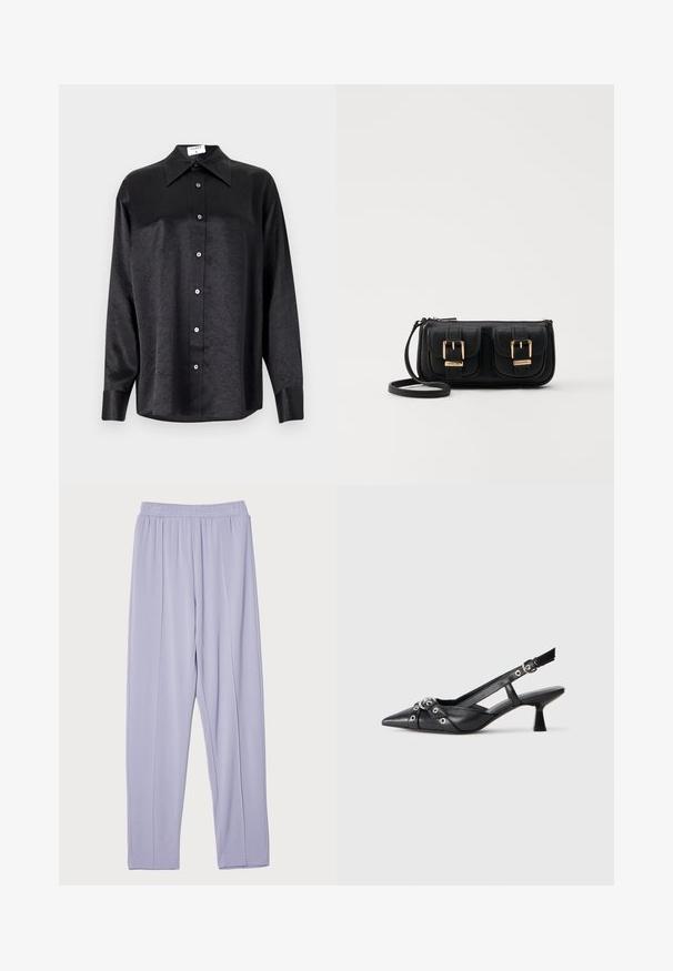 Musta pikemate varrukatega särk, millel on krae ja kortsus tekstuur, täispikk nööpidega eesmine osa ja varrukate mansetid. Valmistatud siledast kangast.; Heledane lilla, elastse vööga, lõdva lõikega püksid, millel on sile tekstuur ja külgpöörded. Kujundatud mugavuse ja liikumisvabaduse tagamiseks.; Must must have must toote tõmblukuga, dekoratiivsed rihmad metallist silmadega ja madal blokk-kand. Tekstureeritud pind.; Must küllastamata nahast õlakott, millel on kaks esist nähtavat taskut, kuldsed pandlad, tõmblukuga sulgemine ja peen rihm. Tekstuuriga pind ja kompaktne ristkülikukujuline kuju.