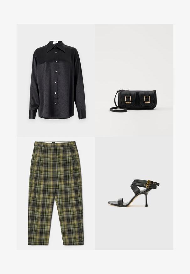 Black long-sleeve shirt with a collared neckline, featuring a crinkled texture, full button front, and cuffs. Made from a smooth fabric.; Green and black plaid trousers with a textured fabric, featuring front pleats, a straight cut, and a waistband for better fit.; Black heeled sandal with crossed straps and adjustable buckle. Features a smooth texture and tapered stiletto heel.; Black leather crossbody bag with two front pockets, gold buckles, zipper closure, and a slim strap. Textured surface and compact rectangular shape.
