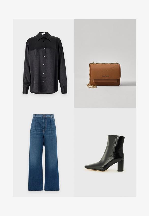 Svart langermet skjorte med krage, som har en rynket tekstur, fullt knappet front og mansjetter. Laget av et glatt stoff.; Høyt livde vide jeans i blå denim. Har frontknapp, folder og en subtil falming fra mørk til lys blå i kanten.; Svart ankelstøvel laget av blankt lær med spiss tå og en robust, firkantet hæl. Har en glatt tekstur og en minimalistisk design.; Brun teksturert lær crossover-veske med gullkjede-stropp og klaffelukking. Fronten har logo-detalj og en lomme under klaffen.