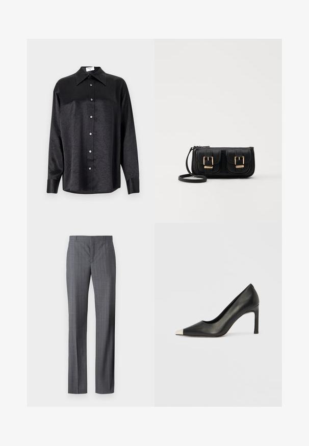 Juodas ilgarankovis marškinis su apykakle, turintis plėšyta tekstūra, visiško mygtukų uždarymo priekyje ir rankogaliais. Pagamintas iš lygaus audinio.; Pilkos juostelės kelnių, pagamintų iš lygaus audinio, tiesaus kirpimo dizainas, plokščias priekinis ir be matomų kišenių ar puošmenų.; Juodas odinis aukštakulnis batelis su smailia nosimi ir metaliniu sidabriniu galiuku. Turi lygų paviršių ir ploną 10 cm kulną.; Juodas odinis per petį nešiojamas krepšys su dviem priekiniais kišenėmis, auksiniais sagtimis, užtrauktuko uždarymu ir siauromis petnešomis. Textūruota paviršius ir kompaktiškas stačiakampis formatas.