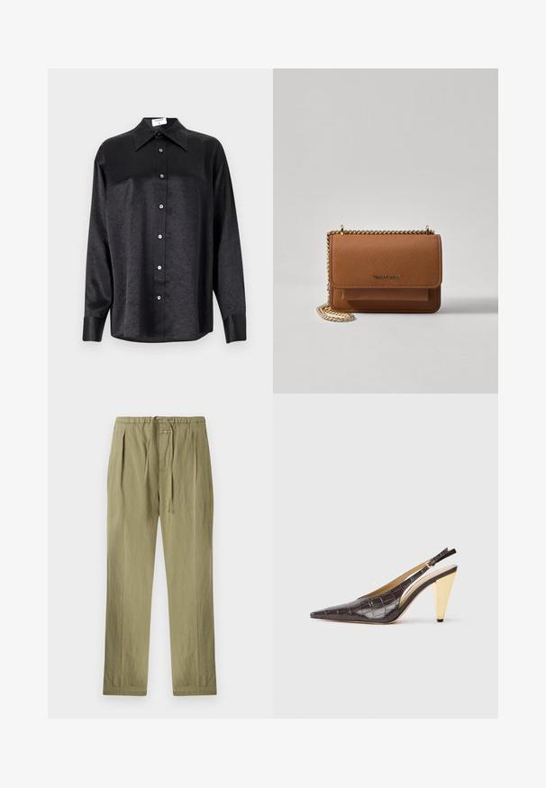 Fekete, hosszú ujjú ing, galléros nyakkal, gyűrött textúrával, teljes gombos elejével és mandzsettákkal. Simaságú anyagból készült.; Fényes olajzöld, pamutból készült nadrág, húzózsinóros derékkal, redőkkel és egyenes szabású kialakítással. Puha textúra minimalista díszítéssel.; Hegyes orrú slingback sarok sötétbarna, fényes mű krokodilbőrben. Aranyszínű geometrikus sarka és állítható bokapánt jellemzi.; Barna textúrájú bőr keresztbody táska arany lánc pánttal és fedélzárral. Az elején logó részlet és egy zseb található a fedél alatt.