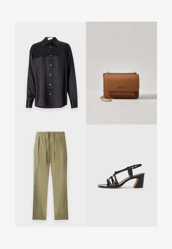 Fekete, hosszú ujjú ing, galléros nyakkal, gyűrött textúrával, teljes gombos elejével és mandzsettákkal. Simaságú anyagból készült.; Fényes olajzöld, pamutból készült nadrág, húzózsinóros derékkal, redőkkel és egyenes szabású kialakítással. Puha textúra minimalista díszítéssel.; Paul Smith AMIRA - Klasszikus sarkú cipők - black; Barna textúrájú bőr keresztbody táska arany lánc pánttal és fedélzárral. Az elején logó részlet és egy zseb található a fedél alatt.