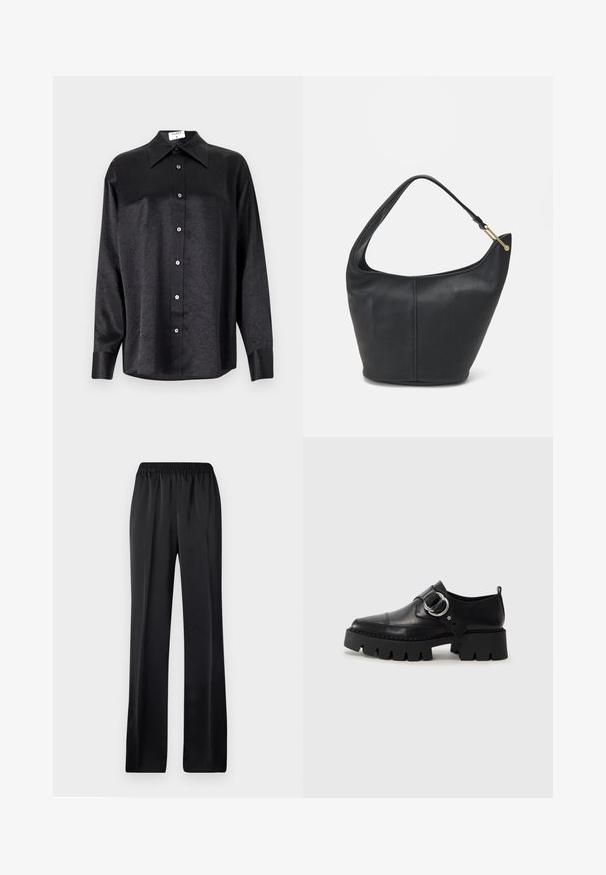 Chemise noire à manches longues avec un col, présentant une texture froissée, une fermeture à boutons sur le devant et des poignets. Fabriquée en tissu lisse.; Pantalon noir à jambes larges avec une taille élastique. Fabriqué en tissu léger et lisse, présentant une coupe droite et sans motifs visibles.; Chaussures noires en cuir avec une semelle épaisse et côtelée, présentant un accent en métal argenté circulaire et des détails de couture minimalistes.; Sac à main en cuir noir avec une forme arrondie, une large bandoulière et une finition texturée. Présente un détail de couture subtil et un accent en métal doré.