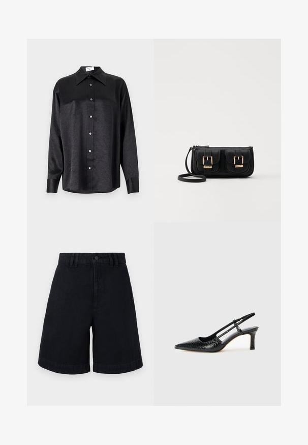 Camicia nera a maniche lunghe con colletto, caratterizzata da una texture stropicciata, chiusura frontale con bottoni e polsini. Realizzata in un tessuto morbido.; Shorts in denim nero con taglio dritto, dotati di chiusura con bottone, passanti per la cintura e orli arrotolati. Tessuto liscio con dettagli di cucitura sottili.; Slingback con tacco in vernice nera con punta affusolata, caratterizzato da una stampa a serpente testurizzata, cinturino regolabile e un tacco corto e testurizzato.; Borsa a tracolla nera in pelle con due tasche frontali, fibbie dorate, chiusura con zip e una tracolla sottile. Superficie texturizzata e forma rettangolare compatta.