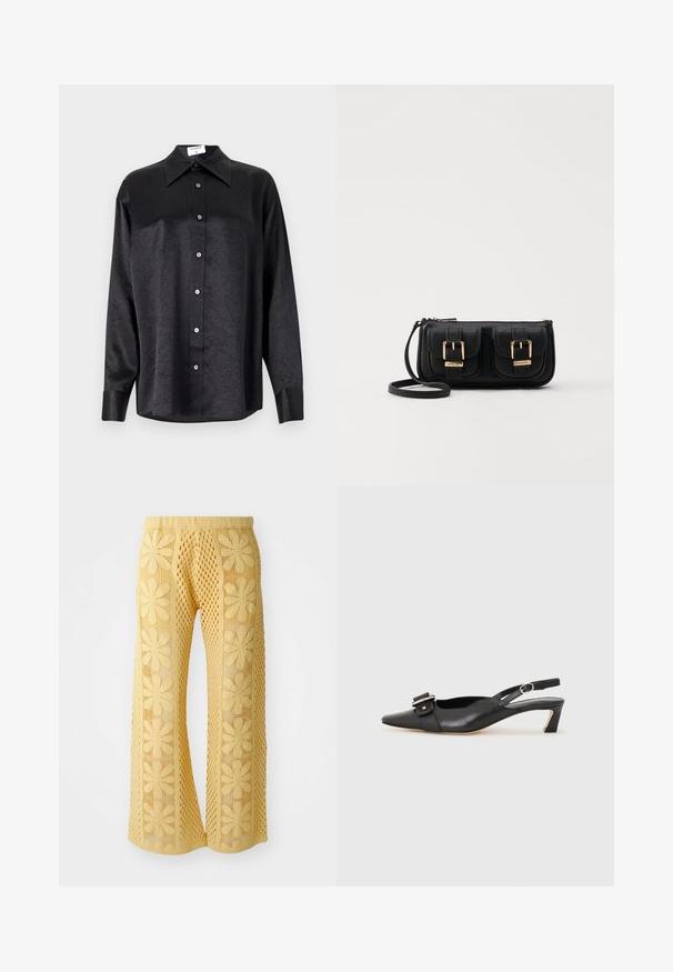 Schwarzes Langarmhemd mit kragenförmigem Halsausschnitt, mit einem zerknitterten Textur, voller Knopfleiste und Manschetten. Hergestellt aus einem glatten Stoff.; Gelbe Häkelhosen mit floralem Muster, weit geschnitten, und einem elastischen Bund mit einem strukturierten, offen gearbeiteten Design.; Schwarzer Leder Slingback-Schuh mit spitzer Zehenform, kleinem Absatz und dekorativem Schnallen-Detail auf dem Obermaterial. Glatte Textur, minimalistisches Design.; Schwarze Leder-Umhängetasche mit zwei vorderen Taschen, goldenen Schnallen, Reißverschluss und einem schmalen Tragegurt. Texturierte Oberfläche und kompakte rechteckige Form.