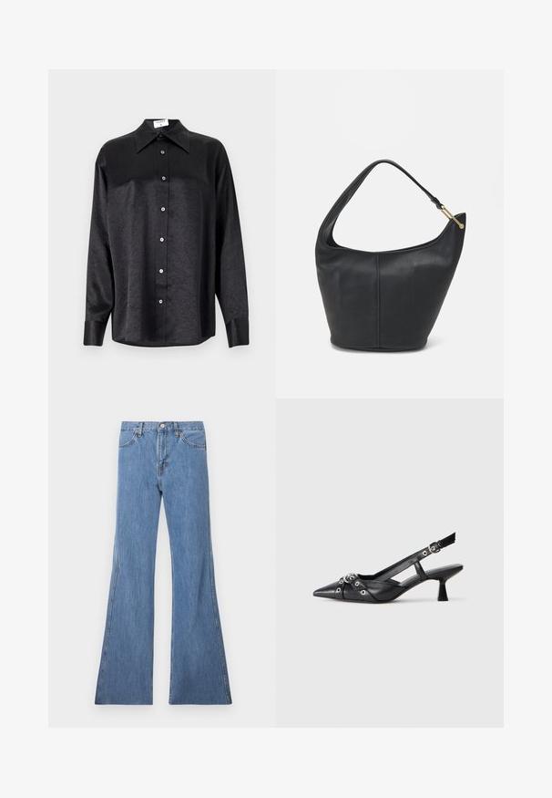 Black long-sleeve shirt with a collared neckline, featuring a crinkled texture, full button front, and cuffs. Made from a smooth fabric.; Light blue denim flared jeans with a high waist, featuring classic five-pocket design and contrast stitching along the seams.; Black leather slingback shoe with a pointed toe, decorative straps featuring metal eyelets, and a low block heel. Textured surface.; Black leather handbag with a rounded shape, a wide strap, and a textured finish. Features a subtle seam detail and a gold-tone hardware accent.