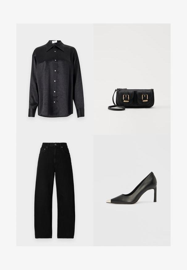 Black long-sleeve shirt with a collared neckline, featuring a crinkled texture, full button front, and cuffs. Made from a smooth fabric.; Black denim wide-leg jeans with a high waist, featuring a front button closure, pockets, and a smooth, matte texture.; Black leather high heel shoe with a pointed toe and a metallic silver cap. Features a smooth finish and a slender 10 cm heel.; Black leather crossbody bag with two front pockets, gold buckles, zipper closure, and a slim strap. Textured surface and compact rectangular shape.