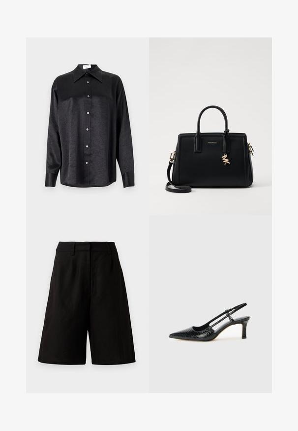 Juodas ilgarankovis marškinis su apykakle, turintis plėšyta tekstūra, visiško mygtukų uždarymo priekyje ir rankogaliais. Pagamintas iš lygaus audinio.; Juodi šortai laisvu siluetu, pagaminti iš lengvo audinio su lygiu paviršiumi. Yra plokščias juosmuo ir minimalus dekoras.; Juodai lakuoti slingback aukštakulniai su smailiu nosiu, su tekstūruotu gyvatės raštu, reguliuojama juosta ir trumpu, tekstūruotu blokiniu kulnu.; Juodas odinis rankinė su struktūrizuotu dizainu, dviem viršutinėmis rankenėlėmis, nuimamu petiniu dirželiu, auksiniais akcentais ir logotipo pakabuku.