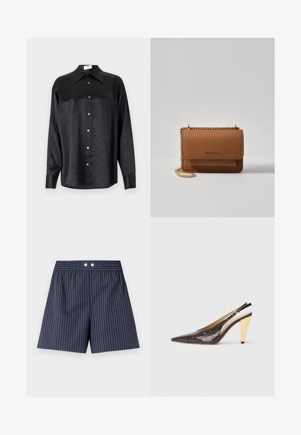 Camicia nera a maniche lunghe con colletto, caratterizzata da una texture stropicciata, chiusura frontale con bottoni e polsini. Realizzata in un tessuto morbido.; Pantaloni corti a righe blu navy con vita elastica, dotati di due bottoni bianchi sul davanti, realizzati in tessuto leggero.; Tacco slingback a punta in ecopelle lucida effetto coccodrillo marrone scuro. Caratterizzato da un tacco geometrico in tonalità oro e da una cinghia alla caviglia regolabile.; Borsa a tracolla in pelle marrone con texture, dotata di catena dorata e chiusura a pattina. Sul davanti presenta un dettaglio con logo e una tasca sotto la pattina.