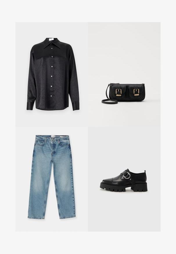 Musta pitkähiha vaarallista paitaa, jossa on kauluspanta, ryppytynyt pinta, täysi napitus edessä ja hihansuut. Valmistettu sileästä kankaan.; Vaaleansiniset suorat farkut, joissa on haalistunut pinta. Farkuissa on viisi taskua, vyölenkit ja vetoketjukiinnitys. Puuvilladeniinimateriaali.; Musta nahkakengät, joissa on paksu, uurrettu pohja, ja pyöreä hopeanvärinen koriste sekä minimaalinen ompelu.; Musta nahkainen olkalaukku, jossa on kaksi etutaskua, kultaiset soljet, vetoketjukiinnitys ja kapea hihna. Teksturoidun pinnan ja kompaktin suorakaiteen muoto.
