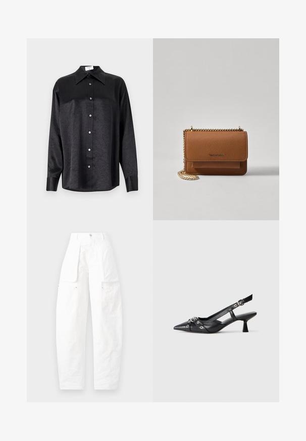 Musta pikemate varrukatega särk, millel on krae ja kortsus tekstuur, täispikk nööpidega eesmine osa ja varrukate mansetid. Valmistatud siledast kangast.; Valged cargo püksid, mis on laia lõikega, külgedel on mitu taskut ja tekstuuriga kangas, kõrge vöökoht ning nööbiga sulgemine.; Must must have must toote tõmblukuga, dekoratiivsed rihmad metallist silmadega ja madal blokk-kand. Tekstureeritud pind.; Pruun tekstureeritud nahk ristkeha kott kuldse ahelaga rihmaga ja klapiga sulgemine. Esiküljel on logo detail ja tasku klapi all.