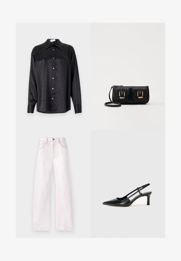 Musta pikemate varrukatega särk, millel on krae ja kortsus tekstuur, täispikk nööpidega eesmine osa ja varrukate mansetid. Valmistatud siledast kangast.; Laia jalgadega teksad helesinises denimis, millel on kõrge vöökoht, viie-tasku disain ja õrnad tõmblusdetailid õmbluste ääres.; Mustmust paelad, millel on terav varvas, tekstuuriga maduprindiga, reguleeritav rihm ja lühike tekstuuriga plokknina.; Must küllastamata nahast õlakott, millel on kaks esist nähtavat taskut, kuldsed pandlad, tõmblukuga sulgemine ja peen rihm. Tekstuuriga pind ja kompaktne ristkülikukujuline kuju.