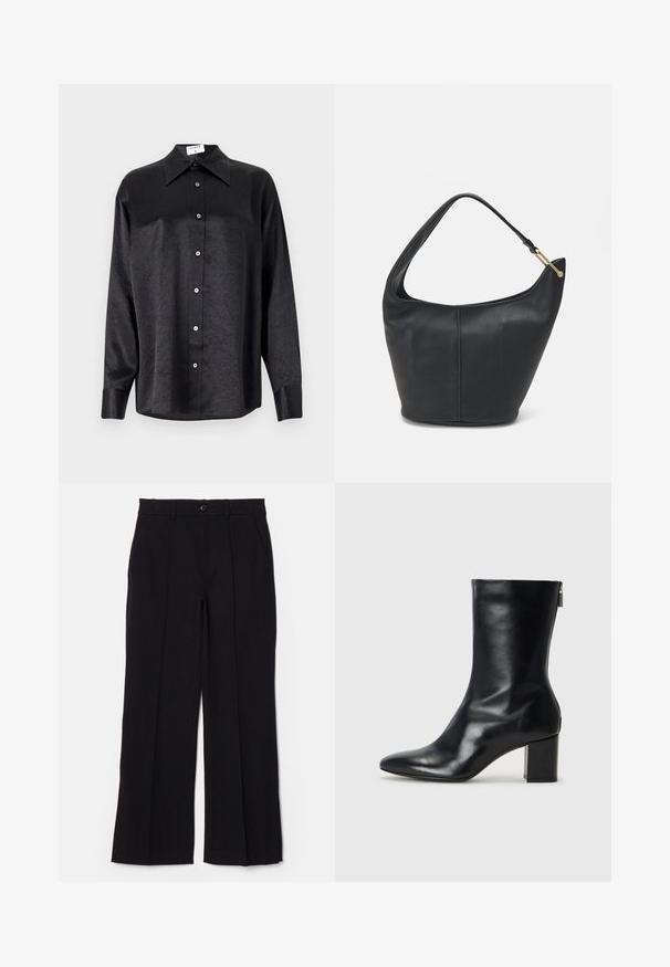Schwarzes Langarmhemd mit kragenförmigem Halsausschnitt, mit einem zerknitterten Textur, voller Knopfleiste und Manschetten. Hergestellt aus einem glatten Stoff.; Schwarze Hose mit flachem Frontdesign, geraden Beinen und Taschen. Hergestellt aus einem weichen Stoff, mit einem einzigen Knopfverschluss und Gürtelschlaufen.; Schwarze Leder-Ankle-Boots mit spitzer Zehe und 4 cm Blockabsatz. Schlankes Design mit einem seitlichen Reißverschluss für einfaches Anziehen. Glatte Textur.; Schwarze Lederhandtasche mit abgerundeter Form, breitem Tragegurt und strukturiertem Finish. Besitzt eine subtile Nahtdetails und einen Akzent aus goldfarbenem Metall.