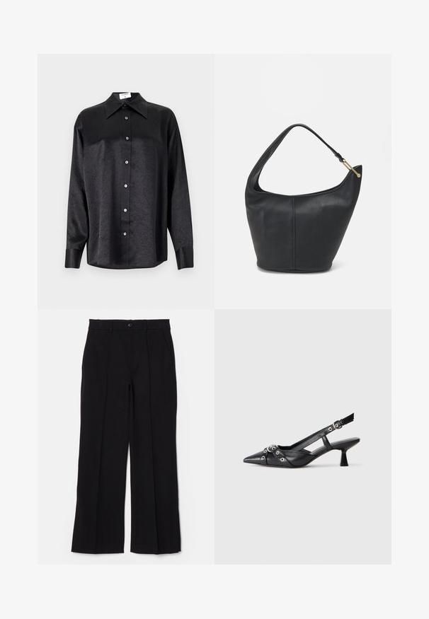 Juodas ilgarankovis marškinis su apykakle, turintis plėšyta tekstūra, visiško mygtukų uždarymo priekyje ir rankogaliais. Pagamintas iš lygaus audinio.; Juodi kelnes su lygiu priekiniu kraštu, tiesiomis kojomis ir kišenėmis. Pagamintos iš minkštos medžiagos, turi vieną sagą ir dirželio kilpas.; Juodas odinis slingback tipo batai su smailiu priekiniu atvartu, dekoratyvinėmis sagtimis su metaliniais akyčiais ir žemu blokiniu kulnu. Saldus paviršius.; Juodas odinis moterų rankinės su apvalia forma, plačiu dirželiu ir tekstūruotu paviršiumi. Yra subtilus siūlės detalizavimas ir auksinės spalvos aparatūra.