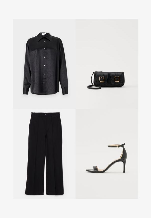 Juodas ilgarankovis marškinis su apykakle, turintis plėšyta tekstūra, visiško mygtukų uždarymo priekyje ir rankogaliais. Pagamintas iš lygaus audinio.; Juodi kelnes su lygiu priekiniu kraštu, tiesiomis kojomis ir kišenėmis. Pagamintos iš minkštos medžiagos, turi vieną sagą ir dirželio kilpas.; Juodos oda aukštakulniai sandalai su kulkšnies dirželiu. Pasižymi lygiu paviršiumi, atviru pirštu ir plonu kulnu. Auksinės spalvos sagties detalė.; Juodas odinis per petį nešiojamas krepšys su dviem priekiniais kišenėmis, auksiniais sagtimis, užtrauktuko uždarymu ir siauromis petnešomis. Textūruota paviršius ir kompaktiškas stačiakampis formatas.