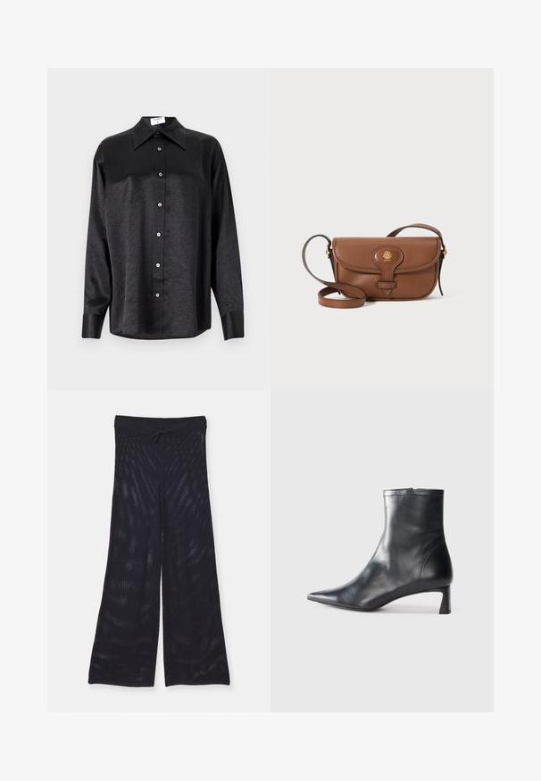 Čierna košeľa s dlhým rukávom a golierom, s pokrčenou textúrou, plne gombíkovou prednou časťou a manžetami. Vyrobená z hladkého materiálu.; Čierne, voľné široké nohavice vyrobené z priedušnej sieťoviny. Majú elastický pás s šnúrkou na prispôsobenie.; Čierne kožené členkové topánky s špicatou špičkou a elegantným dizajnom. Majú nízky podpätok a zips na zadnej strane. Hladká textúra.; Hnedá kožená taška cez telo s zakriveným klopom, zlatými doplnkami a dekoratívnym logom. Popruh je nastaviteľný a má hladkú textúru.