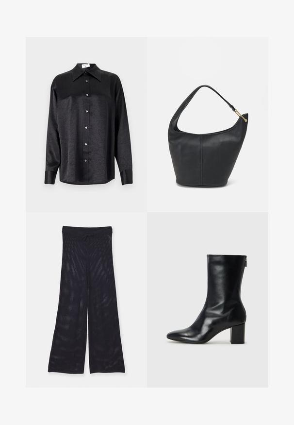 Melnas garām piedurknēm krekls ar apdari, kas piedāvā samocītu tekstūru, pilnu pogu priekšpusi un aproces. Izgatavots no gludas auduma.; Melnas, brīvas, plaša griezuma bikses, izgatavotas no elpojoša sieta auduma. Tām ir elastīga jostasvieta ar saites regulēšanai.; Melna ādas potītes zābaks ar norādītu purngalu un 4 cm bloku papēdi. Gluds dizains ar sānu rāvējslēdzēju vieglai uzvilkšanai. Gluda tekstūra.; Melnas ādas rokassomi ar noapaļotu formu, platu siksnu un strukturētu apdari. Iezīmējas ar nelielām šuvju detaļām un zelta tonī izstrādātu aparatūru.