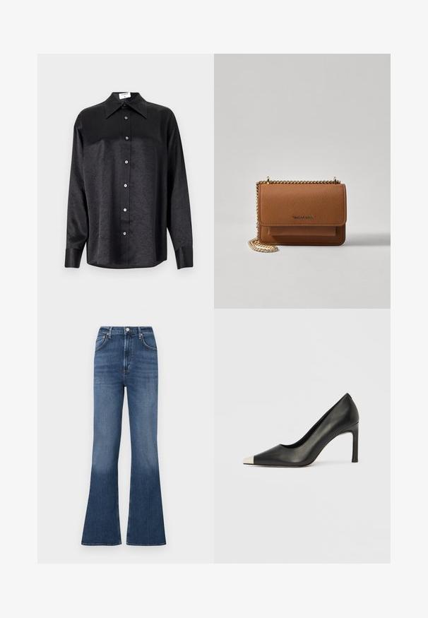 Zwarte blouse met lange mouwen en een kraag, voorzien van een gekreukt oppervlak, volwaardige knopen aan de voorkant en manchetten. Gemaakt van een gladde stof.; Uitlopende jeans van blauwe denim met een hoge taille. Bevat vijf zakken, een knoopsluiting en subtiele vervaging aan de zoom.; Zwarte leren hoge hak met een spits toelopende neus en een metalen zilverkleurige kap. Heeft een gladde afwerking en een slanke hak van 10 cm.; Bruine lederen schoudertas met textuur, voorzien van een gouden kettingstrap en klepsluiting. De voorkant heeft een logo-detail en een zak onder de klep.