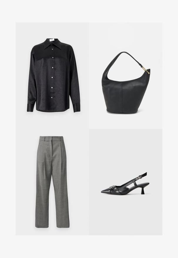 Sort langærmet skjorte med krave, der har en krøllet tekstur, fuld knaplukning foran og manchetter. Lavet af et glat stof.; Højtaljede grå bukser med lille ternet mønster, forlæns plisseringer, bæltestropper og lige ben på hvid baggrund.; Sort lædersandal med spids tå, dekorative stropper med metaløjer og en lav blokhæl. Struktureret overflade.; Sort læderhandtaske med en rund form, bred rem og textured finish. Har en subtil sømdetalje og en hardware i gyldent tone.