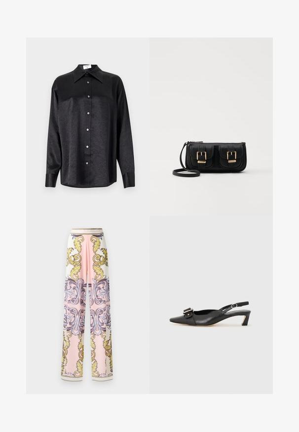 Black long-sleeve shirt with a collared neckline, featuring a crinkled texture, full button front, and cuffs. Made from a smooth fabric.; Wide-leg pants made of lightweight fabric featuring a pink and white color scheme with ornate yellow and blue baroque patterns and gold accents.; Black leather slingback shoe with pointed toe, small heel, and decorative buckle detail on the upper. Smooth texture, minimalistic design.; Black leather crossbody bag with two front pockets, gold buckles, zipper closure, and a slim strap. Textured surface and compact rectangular shape.