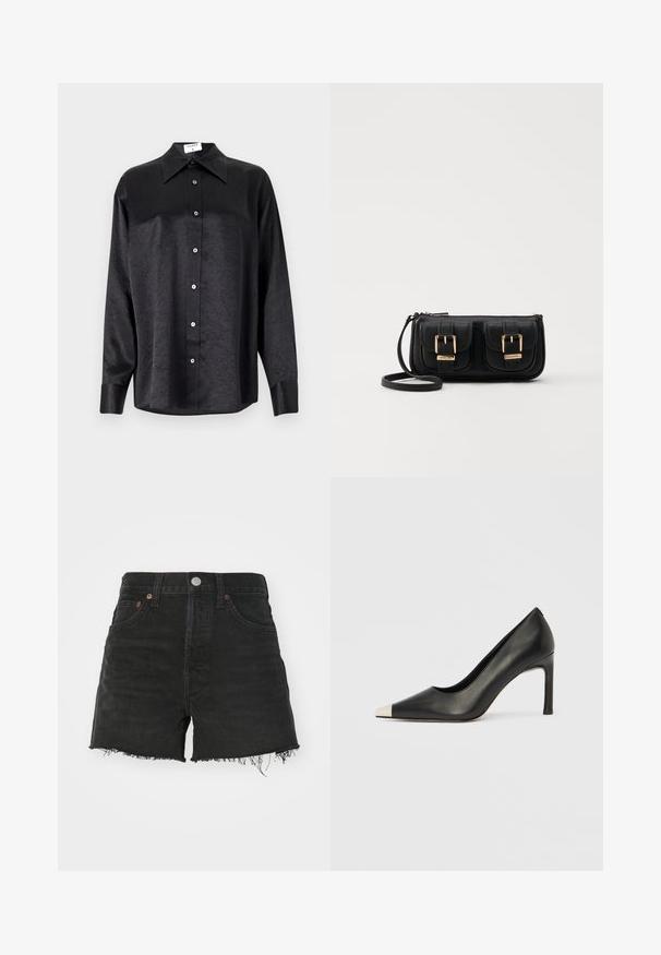 Zwarte blouse met lange mouwen en een kraag, voorzien van een gekreukt oppervlak, volwaardige knopen aan de voorkant en manchetten. Gemaakt van een gladde stof.; Zwarte denimshorts met een hoge taille, rafelige zoom en koperen klinknagels. Voorzien van een klassieke vijf-pocket design en knoopsluiting.; Zwarte leren hoge hak met een spits toelopende neus en een metalen zilverkleurige kap. Heeft een gladde afwerking en een slanke hak van 10 cm.; Zwarte leren schoudertas met twee vo pockets, gouden gespen, ritsluiting en een smalle band. Tekstuur oppervlak en compacte rechthoekige vorm.