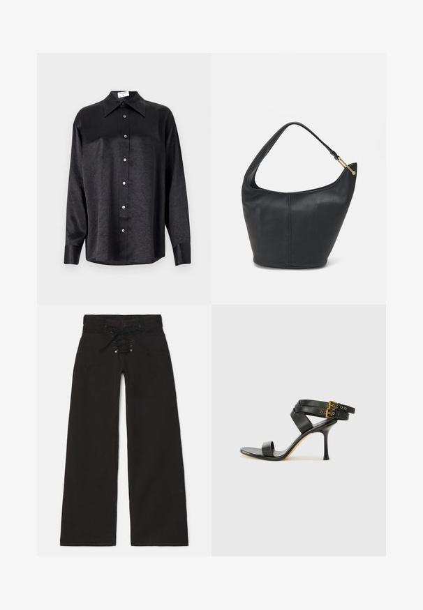 Črna srajca z dolgimi rokavi in ovratnikom, ki ima gubasto teksturo, celotno zapenjanje na gumb in manšete. Izdelana iz gladkega materiala.; Črne široke hlače z visokim pasom, ki imajo sprednji del z vezanjem in zapiranjem na pritisni gumb. Narejene iz denima z gladko teksturo.; Črne sandale na peto z križnimi trakovi in prilagodljivo zaponko. Imajo gladko teksturo in zožen peto.; Črna usnjena torbica ovalne oblike, s širokim pasom in teksturirano površino. Ima subtilno šivano podrobnost in zlate dodatke.