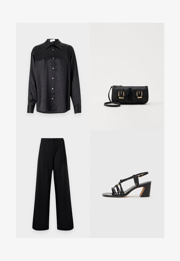 Musta pitkähiha vaarallista paitaa, jossa on kauluspanta, ryppytynyt pinta, täysi napitus edessä ja hihansuut. Valmistettu sileästä kankaan.; Mustat leveälahkeiset housut, jotka on valmistettu sileästä kankaasta ja joissa on korkea vyötärö sekä pleat-tyyppiset yksityiskohdat. Ei näkyviä koristeita tai kuvioita.; Paul Smith AMIRA - Avokkaat - black; Musta nahkainen olkalaukku, jossa on kaksi etutaskua, kultaiset soljet, vetoketjukiinnitys ja kapea hihna. Teksturoidun pinnan ja kompaktin suorakaiteen muoto.