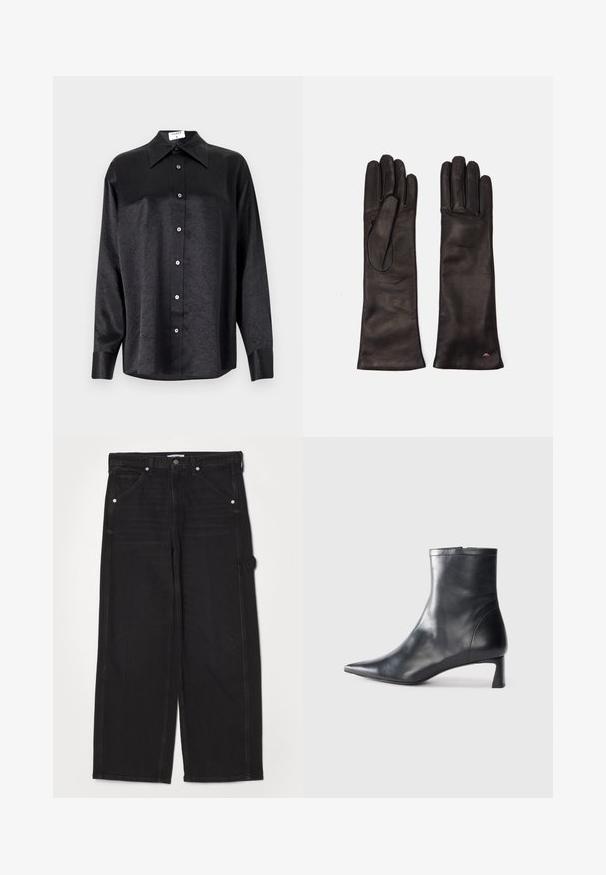 Svart långärmad skjorta med krage, med en krinklad textur, full knappstängning och manschetter. Tillverkad av ett glatt tyg.; RE/DONE PAINTER JEAN - Jeans relaxed fit - crafted black; Svart läder ankelboot med spetsig tå och en smidig design. Har en låg klack och en dragkedjestängning bak. Slät textur.; Weekend Max Mara SENAPE - Fingervantar - nero