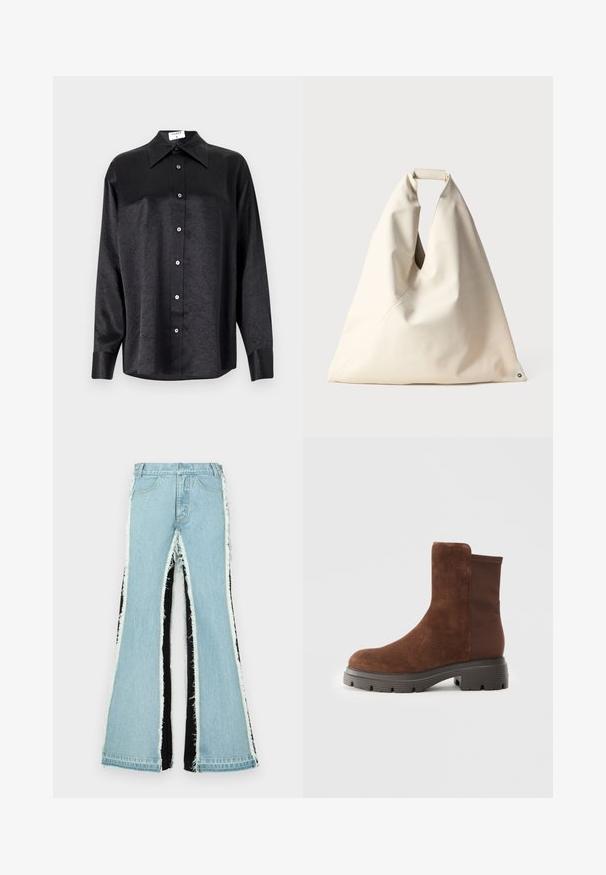 Fekete, hosszú ujjú ing, galléros nyakkal, gyűrött textúrával, teljes gombos elejével és mandzsettákkal. Simaságú anyagból készült.; Világoskék, felső részen bővülő farmernadrág fekete oldalsó panelekkel, rojtos szegéllyel és magas derékkal. Szabványos zsebekkel és övhurkokkal rendelkezik.; Barna velúr bokacsizma, rugalmas oldalsó panelekkel, lekerekített orral és vastag gumitalppal, amelynek felszíne mintázott.; Beige, puha textúrájú táska egyedi csavart fogantyúval és átlós varrással. Minimalista dizájn, kerek kiegészítővel az alján.