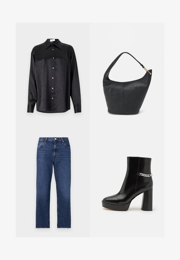 Črna srajca z dolgimi rokavi in ovratnikom, ki ima gubasto teksturo, celotno zapenjanje na gumb in manšete. Izdelana iz gladkega materiala.; Denim kavbojke v temno modrem pranju. Model s ravnim krojem, petimi žepi, sprednjim gumbom in kontrastnim šivom.; Črne lakirane gležnjarje z debelo platformo in visokim blok peto. Imajo srebrno verigo kot okras ob strani. Gladka tekstura.; Črna usnjena torbica ovalne oblike, s širokim pasom in teksturirano površino. Ima subtilno šivano podrobnost in zlate dodatke.