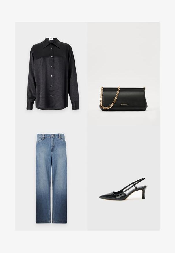 Zwarte blouse met lange mouwen en een kraag, voorzien van een gekreukt oppervlak, volwaardige knopen aan de voorkant en manchetten. Gemaakt van een gladde stof.; Lichtblauwe spijkerbroek met rechte pijpen, een vervagingseffect, vijf zakken en een metalen knoopsluiting bij de taille.; Zwart patent slingback hak met een spitse neus, voorzien van een gestructureerde slangenprint, verstelbare band en een korte, gestructureerde blokhak.; Zwarte leren clutch tas met een gouden kettinghengsel, voorzien van een gladde textuur, rechthoekige vorm en reliëfmerk op de voorkant.