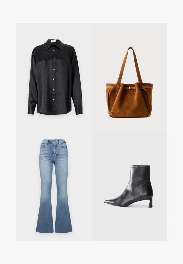 Black long-sleeve shirt with a collared neckline, featuring a crinkled texture, full button front, and cuffs. Made from a smooth fabric.; High-waisted flared jeans in light blue denim with a gradient effect. Features five pockets and a front button closure.; Black leather ankle boot with a pointed toe and a sleek design. Features a low heel and a zipper closure at the back. Smooth texture.; Brown suede tote bag with dual handles, a button closure strap, and a relaxed, slightly slouchy shape.