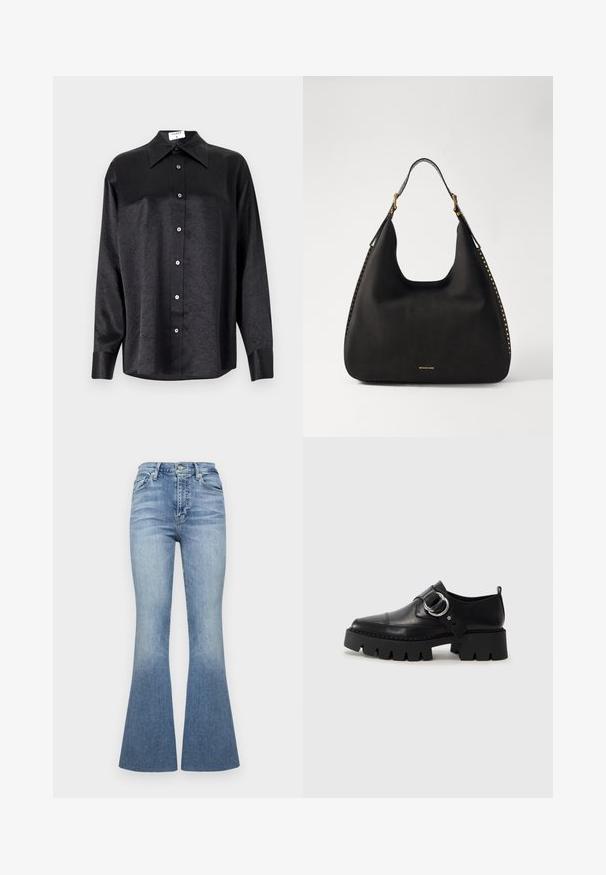 Chemise noire à manches longues avec un col, présentant une texture froissée, une fermeture à boutons sur le devant et des poignets. Fabriquée en tissu lisse.; Jeans évasés taille haute en jean bleu clair avec un effet dégradé. Comprend cinq poches et un bouton de fermeture à l'avant.; Chaussures noires en cuir avec une semelle épaisse et côtelée, présentant un accent en métal argenté circulaire et des détails de couture minimalistes.; MICHAEL Michael Kors NOLITA HOBO  - Sac à main - black