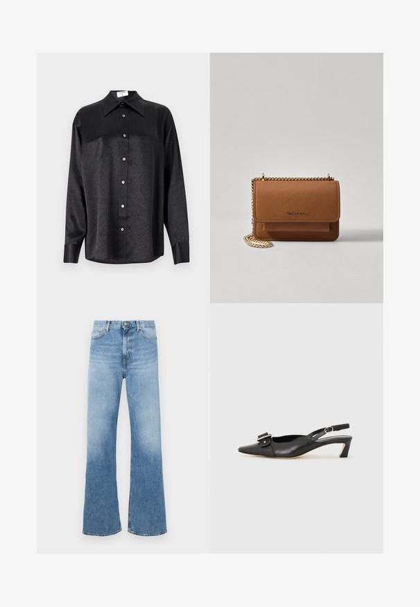 Musta pitkähiha vaarallista paitaa, jossa on kauluspanta, ryppytynyt pinta, täysi napitus edessä ja hihansuut. Valmistettu sileästä kankaan.; Vaaleansiniset leveälahkeiset farkut, valmistettu denimistä. Ominaisuuksiin kuuluu korkea vyötärö, viiden taskun muotoilu ja oranssit metalliosat. Sileä pinta.; Musta nahkainen slingback-kengät terävällä kärjellä, pienellä korolla ja koristeellisella solkikuvioinnilla yläosassa. Sujuva pinta, minimalistinen muotoilu.; Ruskean teksturoidun nahkasta valmistettu crossbody-laukku, jossa on kultaketjuhihna ja läppäkiinnitys. Edessä on logodetail ja tasku läppäisen alla.