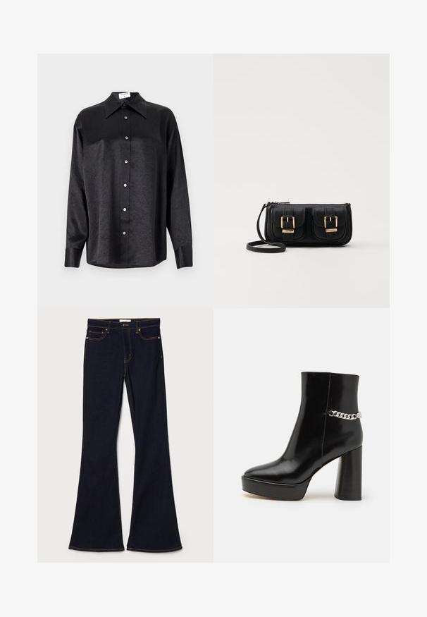 Camicia nera a maniche lunghe con colletto, caratterizzata da una texture stropicciata, chiusura frontale con bottoni e polsini. Realizzata in un tessuto morbido.; Jeans a zampa d'elefante di colore blu scuro in denim, con cuciture gialle, tasche anteriori e una vita standard con chiusura a bottone.; Stivale alla caviglia in vernice nera con una piattaforma chunky e un tallone alto a blocco. Presenta un accento di catena argentata sul lato. Texture liscia.; Borsa a tracolla nera in pelle con due tasche frontali, fibbie dorate, chiusura con zip e una tracolla sottile. Superficie texturizzata e forma rettangolare compatta.